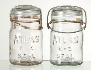 2 Vintage Pint Clear Atlas E - Z Seal Mason Jar,  W/ Metal Bail & Glass Lids