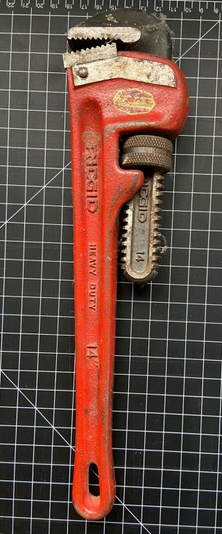 Vintage Ridgid Pipe Wrench 14 " Heavy Duty Ridged Tool Rigid Elyria Ohio Made Usa