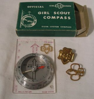 Vintage Official Girl Scout Compass Wiith 2 Girl Scout Badges