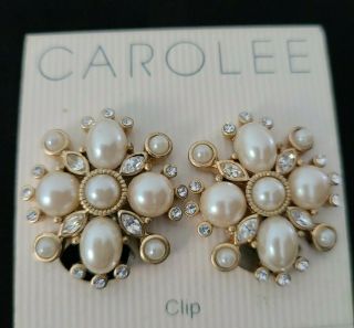 Estate Vintage Carolee Gold Tone Faux Pearls And Crystal Earrings Clip On