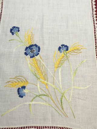 Vtg Embroidered Dresser Scarf Table Runner Blue & Yellow Floral W/crocheted Edge