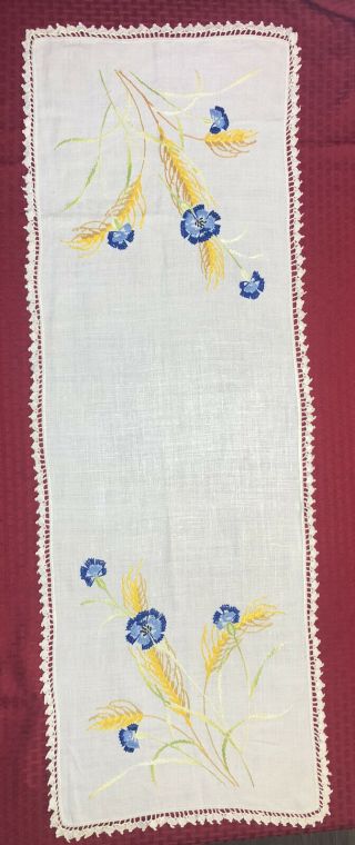 Vtg Embroidered Dresser Scarf Table Runner Blue & Yellow Floral W/Crocheted Edge 2
