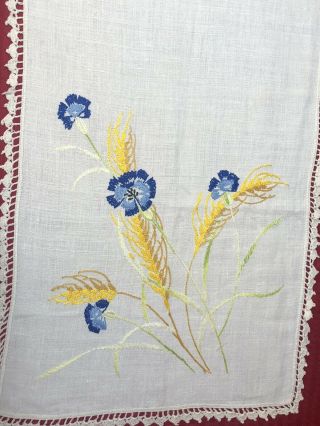 Vtg Embroidered Dresser Scarf Table Runner Blue & Yellow Floral W/Crocheted Edge 3