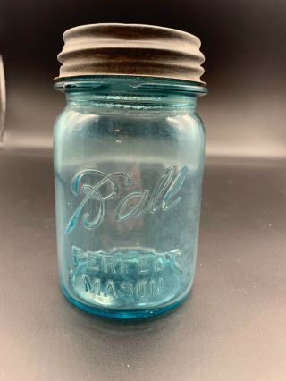 1923 - 1933 Vintage Ball Perfect Mason Blue Pint Canning Jar With Zinc Lid