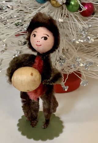 Vtg 4”chenille Elf Gnome - Spun Cotton Muff,  Face - Xmas Ornament 1930’s Japan - Figure