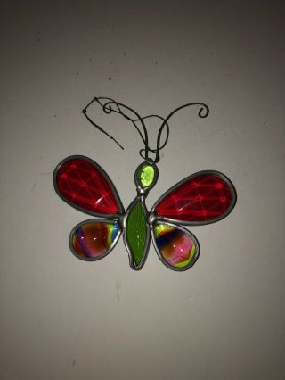 Vintage Stained Glass Red Butterfly Suncatcher