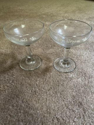 Vintage Bride And Groom White Lettered Wedding Toast Champagne Coupes Glasses
