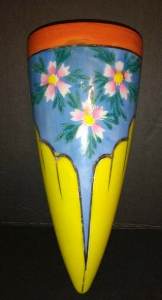 Vintage Pink & Yellow Floral Unusual Wall Pocket Vase Sconce Ceramic Japan Made
