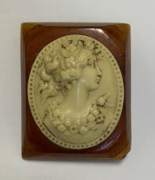 Vintage Amber Bakelite & Celluloid Carved Square Cameo Brooch Pin