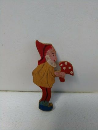 Vintage Gnome Brooch Pin Wood Hand Painted W/ Mushroom Costume Jewelry