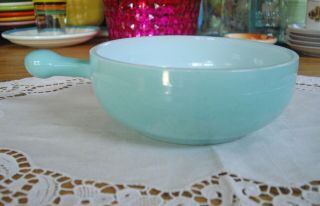 Vintage Glasbake Light Green Milk Glass Individual Casserole Bowl W/ Handle