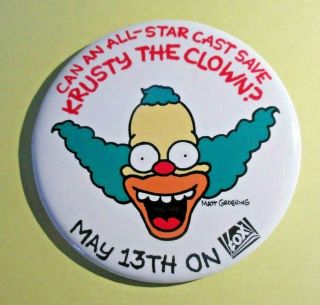 Vintage Simpsons Save Krusty The Clown Pin 3.  5 " Pinback Button Fox Tv Promo