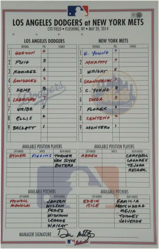 May 20,  2014 York Mets Vs La Dodgers Line - Up Card Don Mattingly Auto Puig