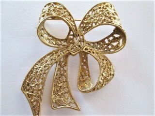 Large Vintage Gold Tone Filigree Bow Brooch Pin 2 1/2 X 3 " Classy