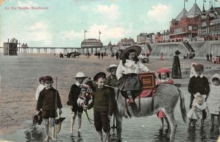 " On The Sands " Blackpool Children Donkey Beach England Uk 1910 Vintage Postcard