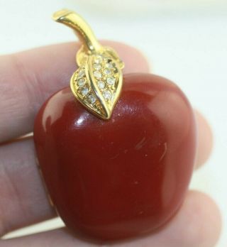 Vintage Gold Tone Sparkle Clear Stones Red Plastic Apple Pendant Locket