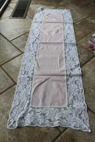 Vtg Pink White Lace Table Runner Dresser Top Doily Cover Decoration Protection
