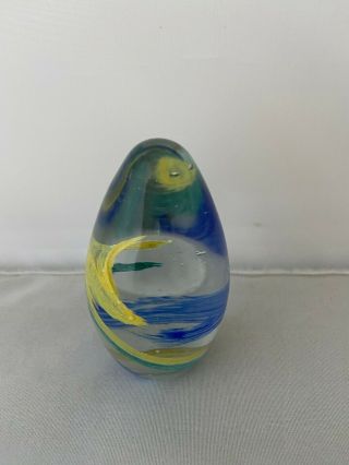 Vintage Egg Shaped Glass Paper Weight Blue Green Yellow Swirls
