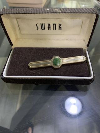 Vintage Swank Tie Clip Bar Clasp,  Jade Main Stone