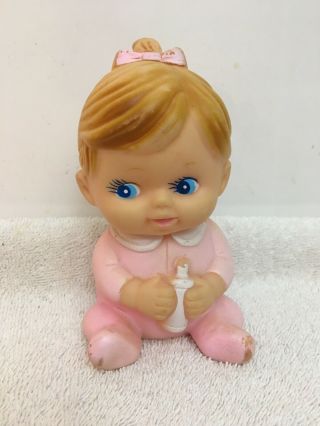 Vintage Stahlwood Squeak Toy Baby Girl In Pink With Bottle