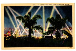 092420 Vintage Hollywood Ca Linen Postcard Searchlights World Premiere Night
