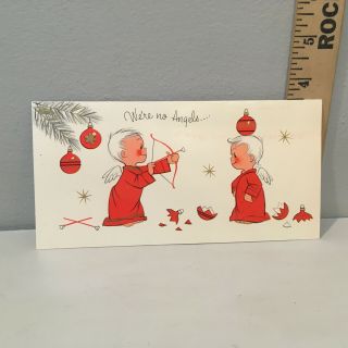 Vtg Christmas Card Little Boy Angles Red Gowns " We " Re No Angels " Sunshine