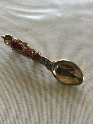 Vintage Small Goldtone Spoon With Colorful Rhinestone Handle Pin Brooch – 1.  75 X