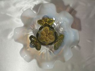 Vintage Clear With White Opalescent & Painted Gold Glass Candy Dish 8 7/8 " Wide