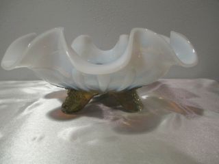 VINTAGE CLEAR WITH WHITE OPALESCENT & PAINTED GOLD GLASS CANDY DISH 8 7/8 