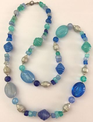 Vintage Lucite Plastic Beaded Necklace Shades Of Blue/silver Glitter Swirl 30 "