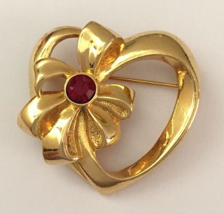 Vintage Avon Gold Tone Heart Brooch/pin With Red Ruby July Birthstone Rhinestone