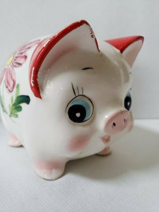 Cute Vtg 50s Lefton Japan Handpainted Glazed Ceramic Flower Red Trim Piggy Bank