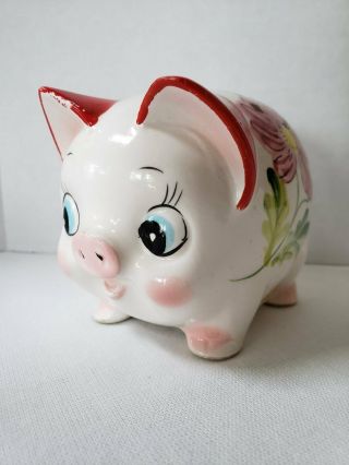 Cute Vtg 50s Lefton Japan Handpainted Glazed Ceramic Flower Red Trim Piggy Bank 2