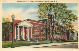 Patchogue Long Island York High School Vintage Linen Postcard View