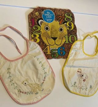Vintage 1970’s Set Of Hand Embroidered Bibs Cross Stitch Bear Giraffe Lion Book