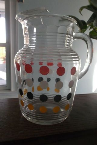 Vintage Clear Glass Water Pitcher With Polka Dots,  Vertical Ribs & Ice Lip Spout