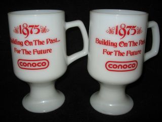 Vintage Set Of 2 Conoco Gas Oil Milk Glass Coffee Cups Mugs 1975 100th
