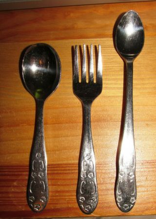 Vintage Sanitoy Stainless Baby Spoon/childs Spoon & Fork Set - - Korea