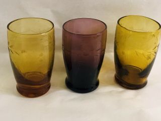 Vintage Wheat Etched Shot Glasses Set Of 3 2 Amber 1 Purple