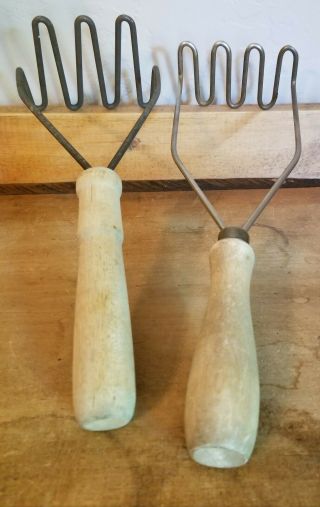 2 Vintage Wooden Handle Potato Mashers No Paint 9 " & 10 " Tall