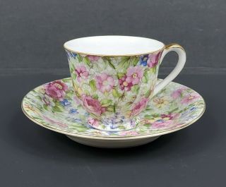 Vintage Merit Occupied Japan Demitasse Tea Cup & Saucer Set Flowers Euc