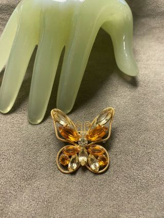 Vintage 1 3/4 " Goldtone Orange Yellow Rhinestone Butterfly Accented Pin - I