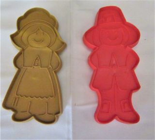 Hallmark Vintage Plastic Cookie Cutter Set - Pilgrim Girl And Boy Gingerbread