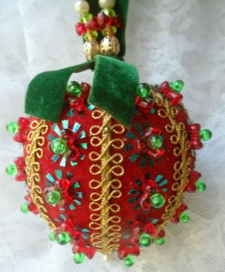 Vintage Handmade Beaded Ornament - Large Green,  Red & Gold Ball - 4 "
