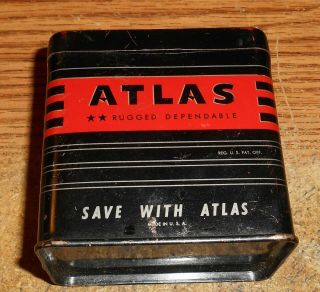 Vintage Atlas Battery Metal Can Coin Bank/tough