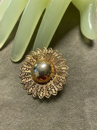 Vintage 1 3/4 " Goldtone Lace Pedal Framed Round Bead Flower Center Pin - Ze