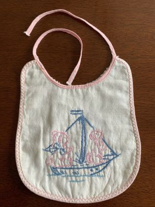 Vintage Embroidered Small Cotton Baby Bib Boat Bear Puppy