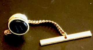 Vintage Black Polished Stone And Gold Tone Tie Tack With Chain