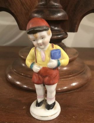 Vintage Occupied Japan 4 " Ceramic Porcelain School Boy Figurine Cap Cute