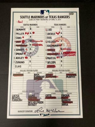 April 14,  2014 Seattle Mariners @ Texas Rangers Game Lineup Card Mlb Holo